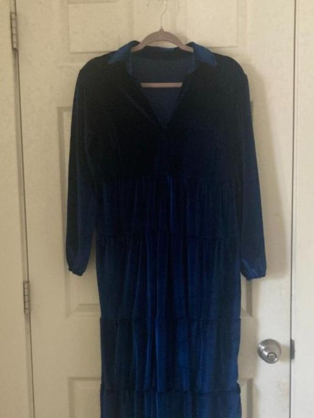 NWOT Vintage Royal Blue Tiered Velvet Midi Maxi Dress Collared V-Neck Size S/M